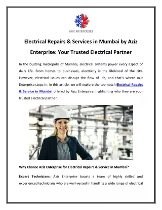 Electrical Repairs & Services in Mumbai by Aziz Enterprise Your Trusted Electrical Partner