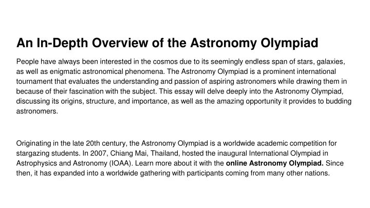 an in depth overview of the astronomy olympiad