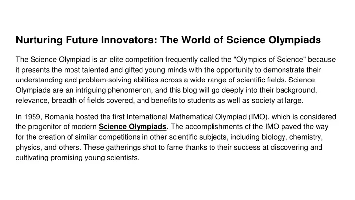 nurturing future innovators the world of science olympiads