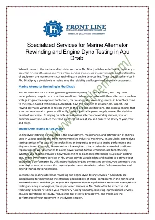 Specialized Services for Marine Alternator Rewinding and Engine Dyno Testing in Abu Dhabi