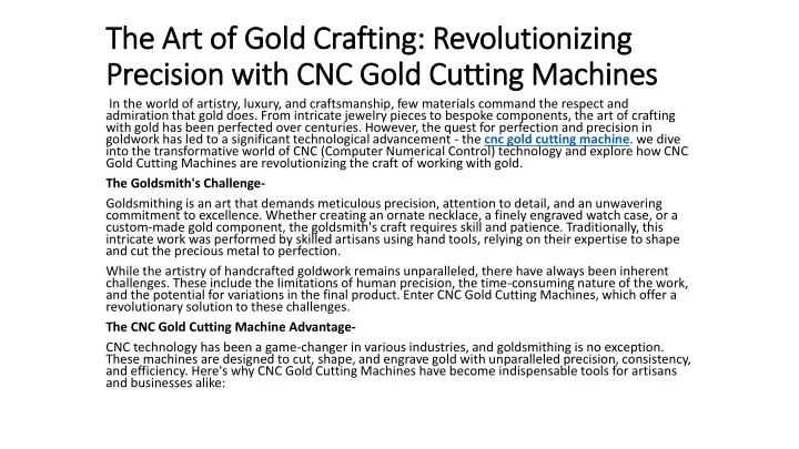 the art of gold crafting revolutionizing precision with cnc gold cutting machines