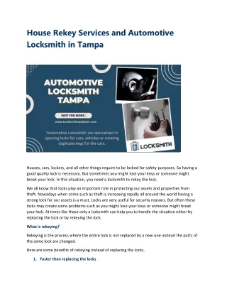 House Rekey Services and Automotive Locksmith in Tampa