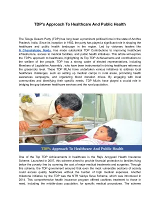 TDP's Approach To Healthcare And Public Health