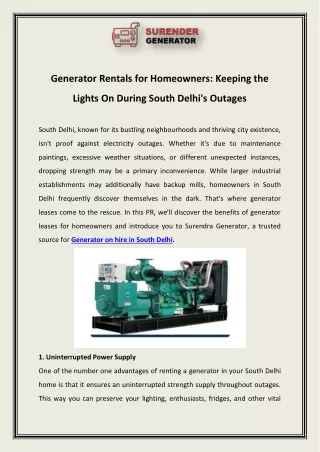 Generator Rentals for Homeowners Keeping the Lights On During South Delhi's Outages