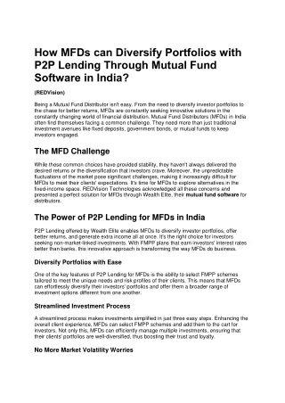 How MFDs can Diversify Portfolios with P2P Lending Through Mutual Fund Software in India