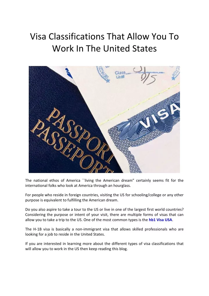 Ppt Visa Classifications That Allow You To Work In The United States Powerpoint Presentation 