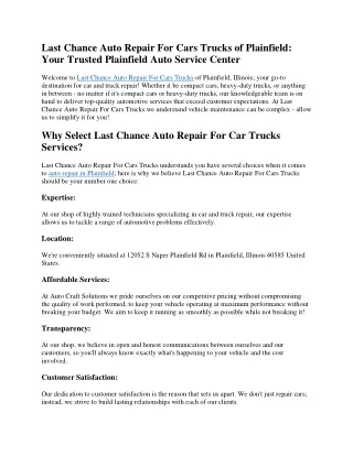 Last Chance Auto Repair For Cars Trucks