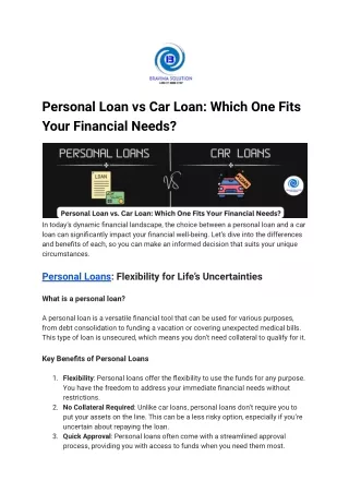 Personal Loan vs Car Loan
