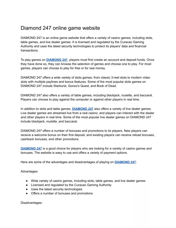 diamond 247 online game website