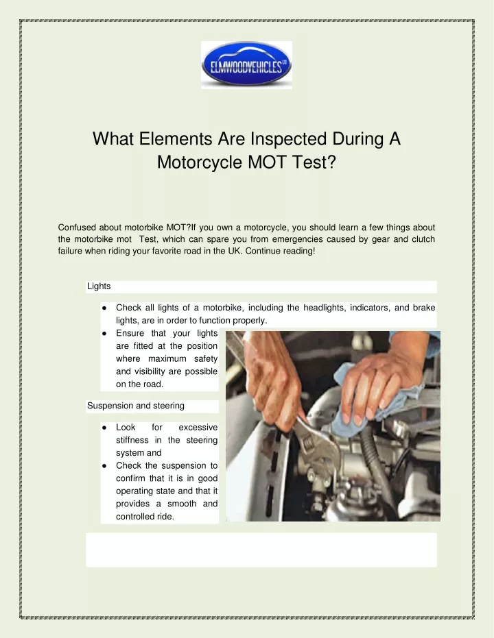 what elements are inspected during a motorcycle