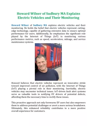 Howard Wilner of Sudbury MA Explains Electric Vehicles and Their Monitoring