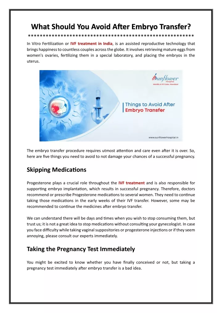 what should you avoid after embryo transfer