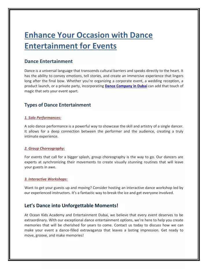 enhance your occasion with dance entertainment
