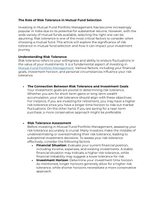 The Role of Risk Tolerance in Mutual Fund Selection