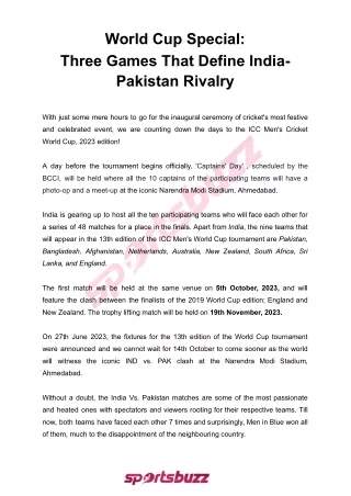 Ind Vs Pak Rivalry | World Cup 2023 | SportsBuzz