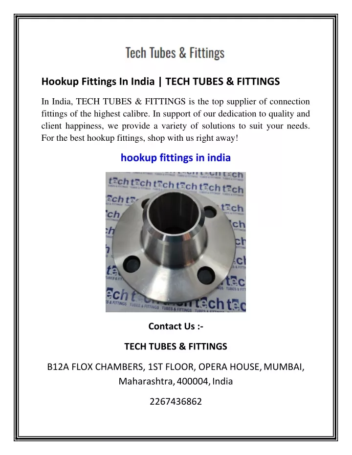 hookup fittings in india tech tubes fittings