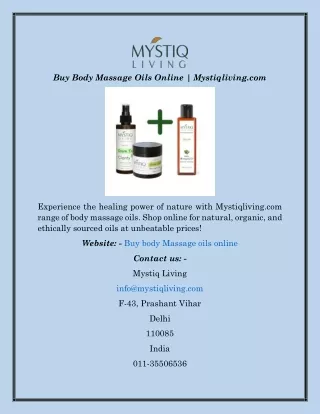 Buy Body Massage Oils Online  Mystiqliving.com