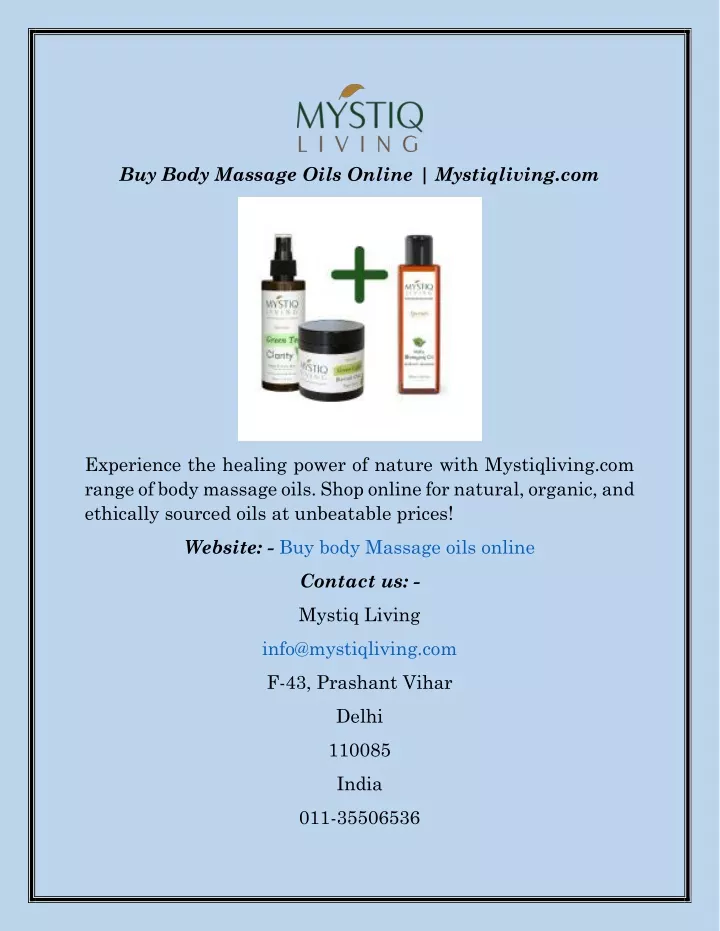 buy body massage oils online mystiqliving com