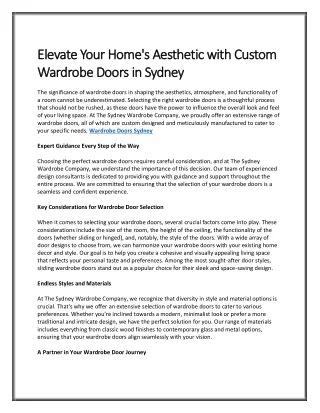 Elevate Your Home's Aesthetic with Custom Wardrobe Doors in Sydney
