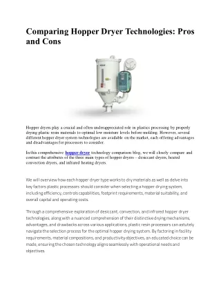 Comparing Hopper Dryer Technologies Pros and Cons