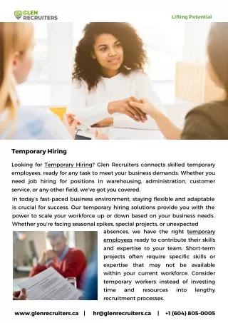 Glen Recruiters - Specializing in Temporary Hiring and Temporary Staffing Solutions for Exceptional Temporary Employees.