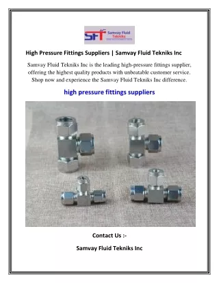 High Pressure Fittings Suppliers  Samvay Fluid Tekniks Inc