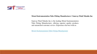 Monel Instrumentation Tube Fitting Manufacturer  Samvay Fluid Tekniks Inc