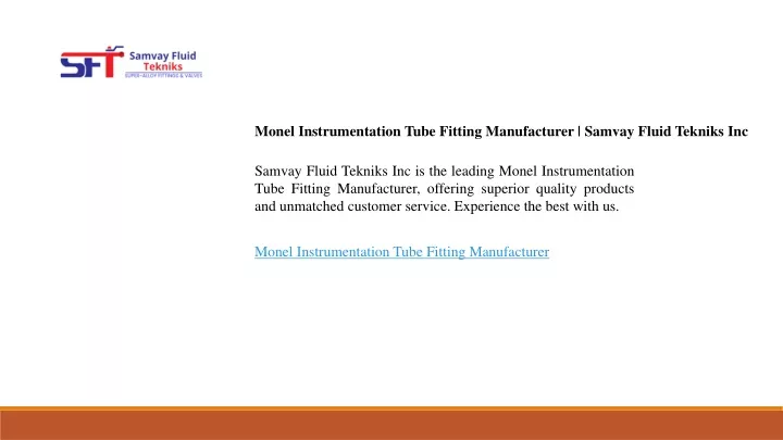 monel instrumentation tube fitting manufacturer