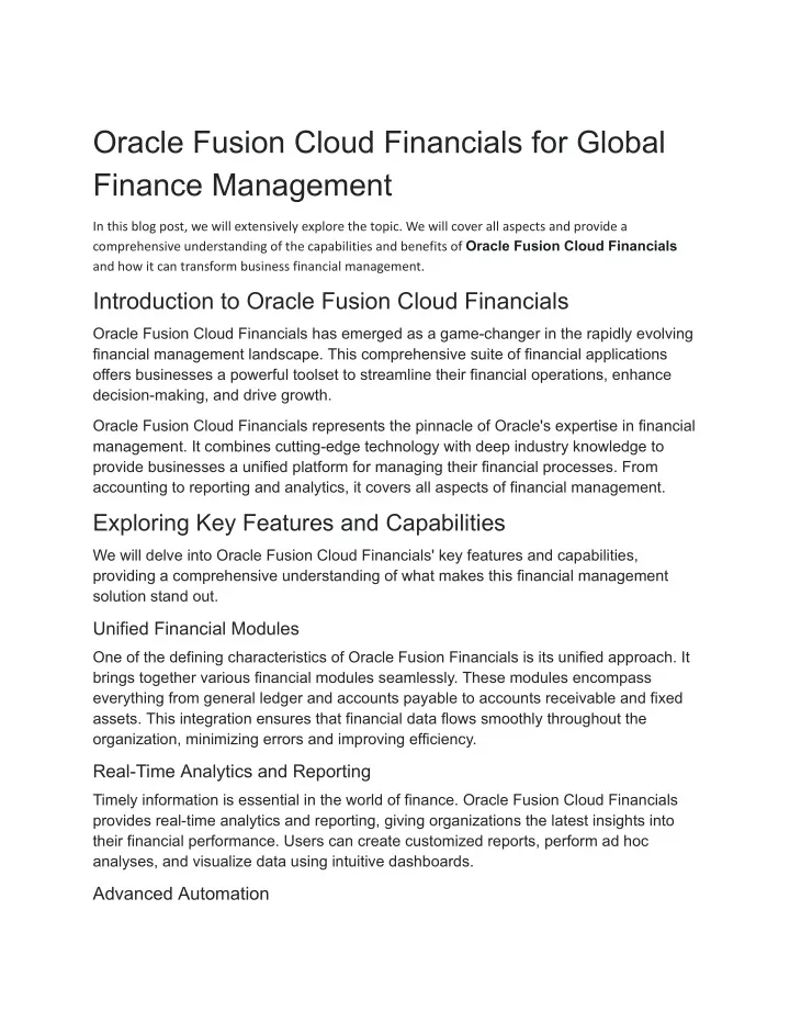 oracle fusion cloud financials for global finance