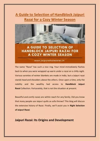 A Guide to Selection of Handblock Jaipuri Razai for a Cozy Winter Season
