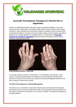 Ayurvedic Panchakarma Therapies for Arthritis Pain in Jogeshwari