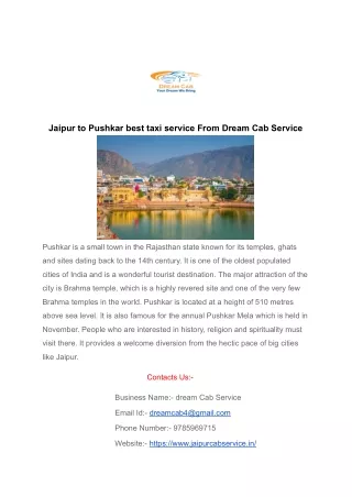 Pushkar best taxi service Jaipur to From Dream Cab Service