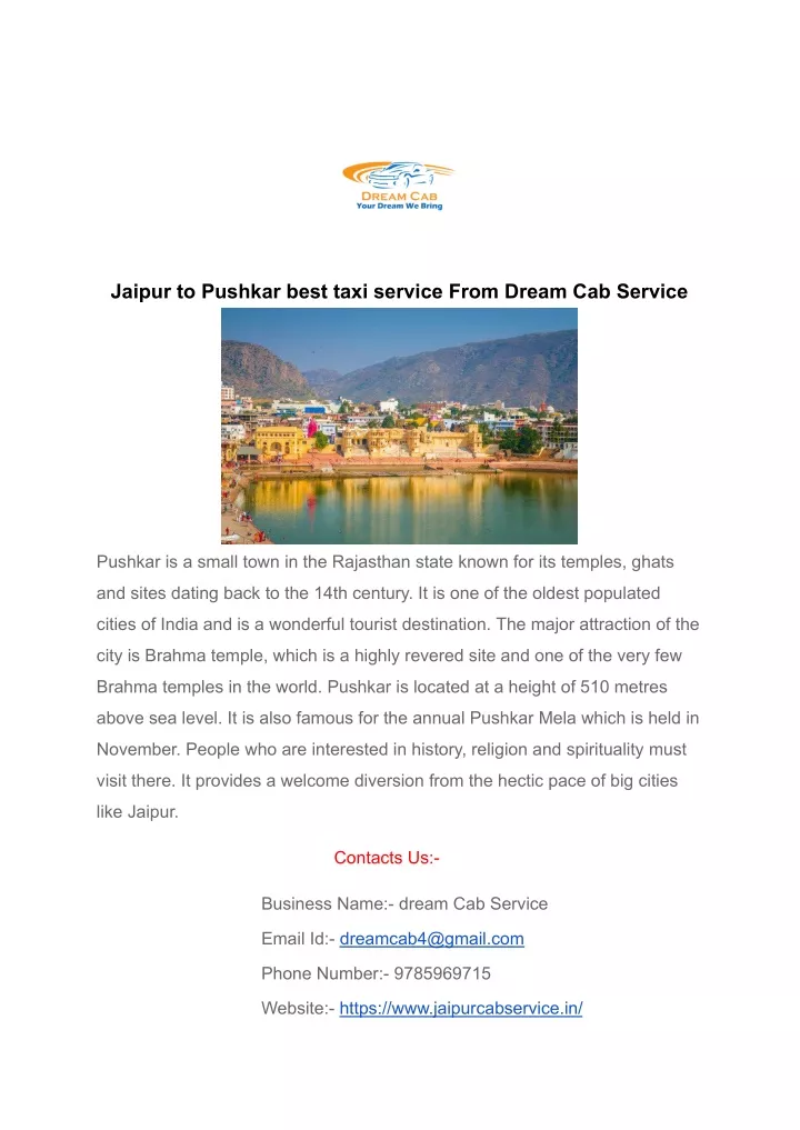 jaipur to pushkar best taxi service from dream