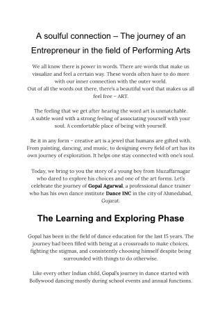 A soulful connection – The journey of an Entrepreneur in the field of Performing Arts