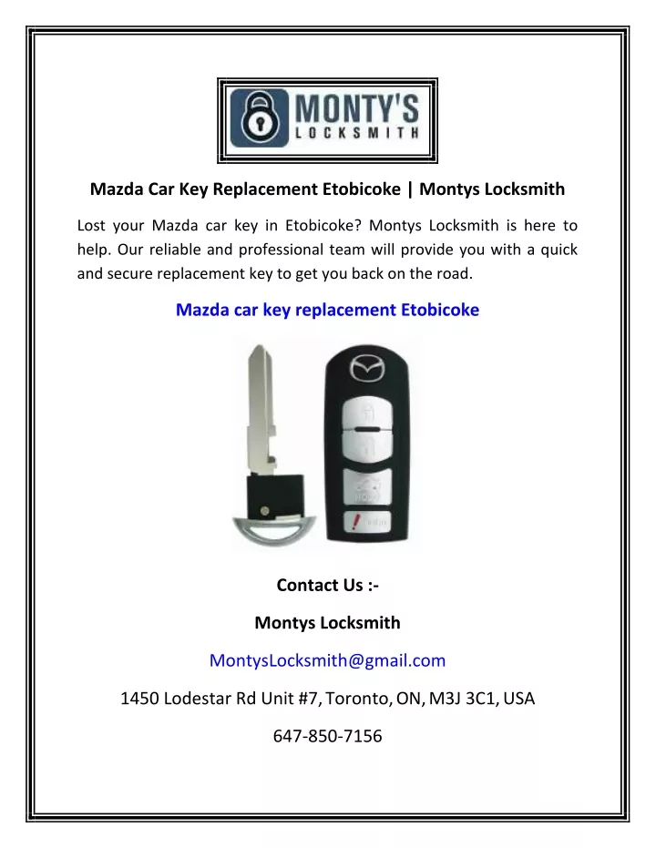 mazda car key replacement etobicoke montys