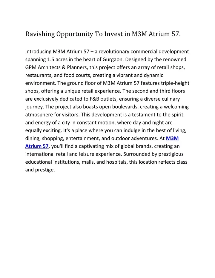 ravishing opportunity to invest in m3m atrium 57