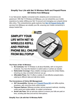 Simplify Your Life with Net 10 Wireless Refill and Prepaid Phone Bill Online from Billtopup