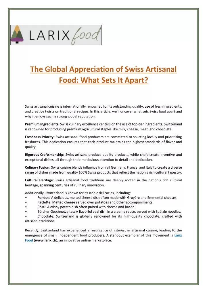 the global appreciation of swiss artisanal food