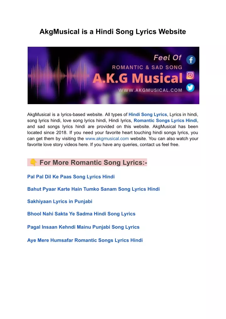 akgmusical is a hindi song lyrics website
