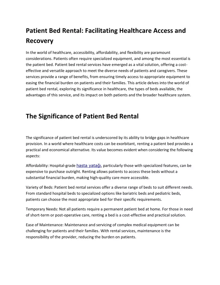 patient bed rental facilitating healthcare access