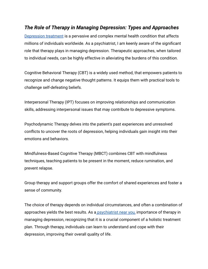 the role of therapy in managing depression types