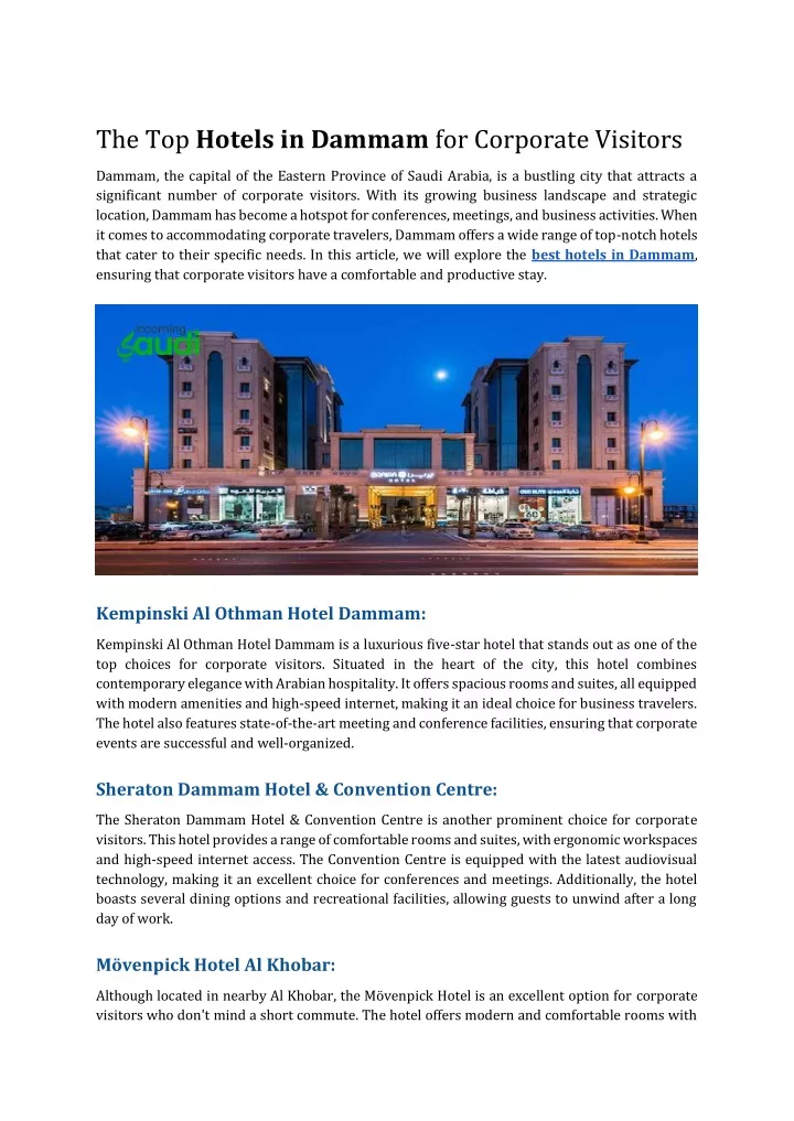 the top hotels in dammam for corporate visitors