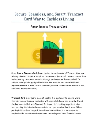 Peter Rancie TranzactCard - Secure, Seamless, and Smart, Tranzact Card Way to Cashless Living