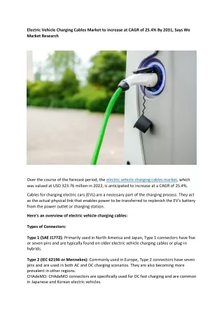 Electric Vehicle Charging Cables Market to increase at CAGR of 25.4% By 2031
