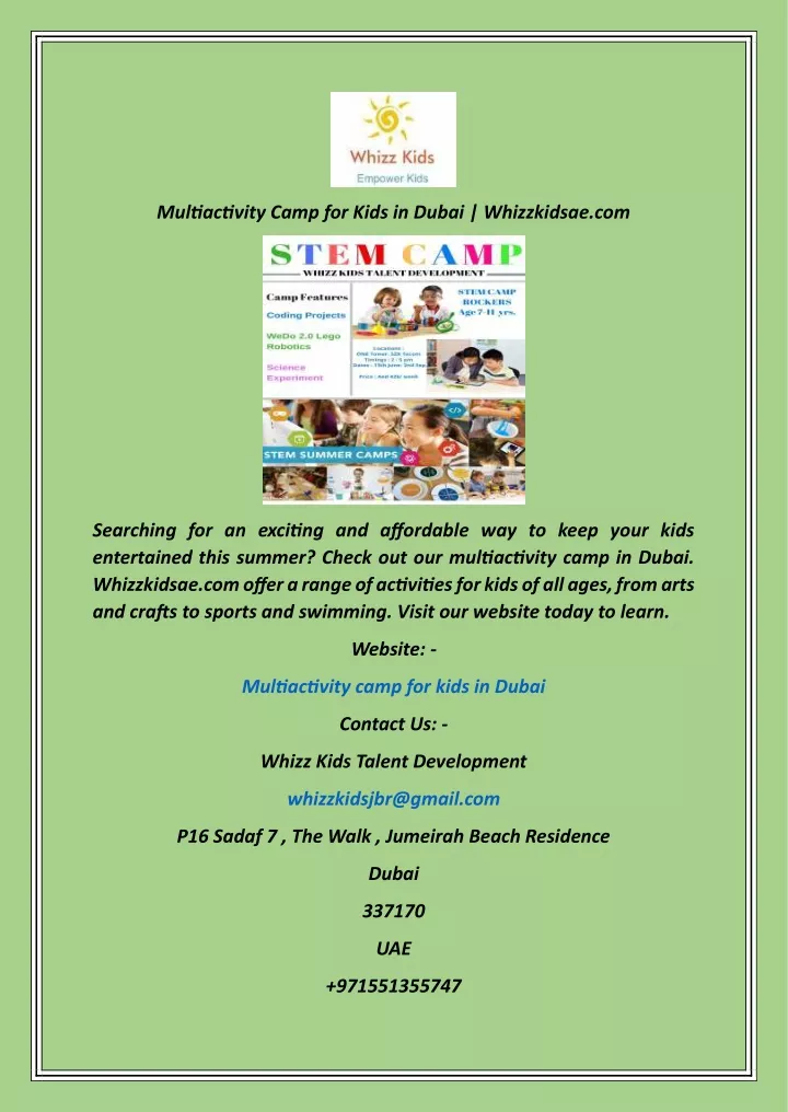 multiactivity camp for kids in dubai whizzkidsae