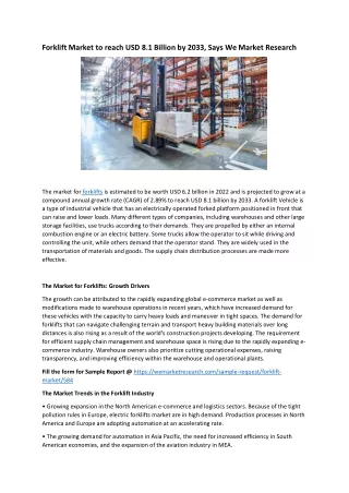 Forklift Market to reach USD 8.1 Billion by 2033, Says We Market Research