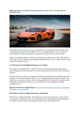 High Performance Car Market Projected to increase CAGR at 6.97%  by 2030