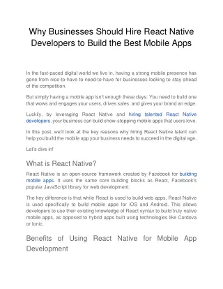 Why Businesses Should Hire React Native Developers to Build the Best Mobile Apps