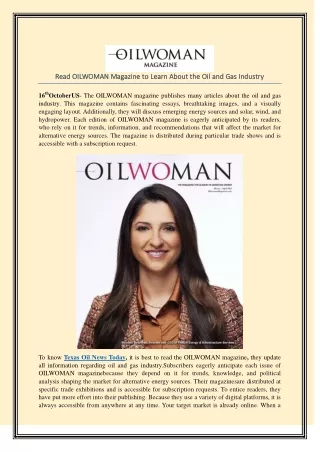Read OILWOMAN Magazineto Learn About the Oil and Gas Industry