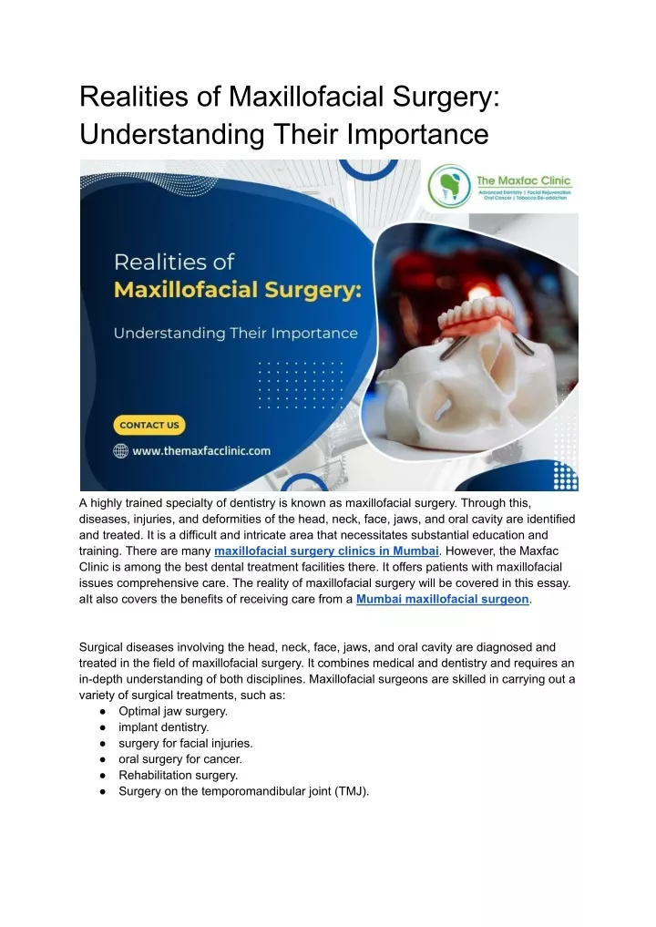 realities of maxillofacial surgery understanding